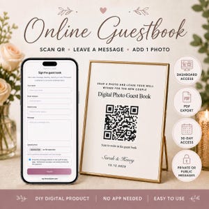 May include: Digital photo guest book with a gold frame, featuring a QR code for scanning and leaving messages. A smartphone displays a form for signing the guest book. The text reads "Online Guestbook" and "Snap a photo and leave your well wishes for the new couple."