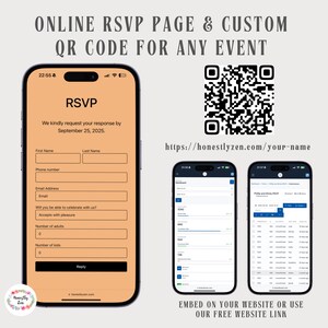 Page RSVP en ligne pour tout événement, RSVP par code QR personnalisé abricot, carte QR RSVP, suivi RSVP, RSVP numérique, lien RSVP, carte RSVP électronique