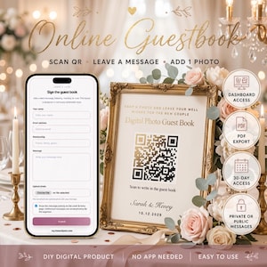 Digitaal gastenboek voor online bruiloften met QR-code, PDF-export en toegang tot het dashboard.