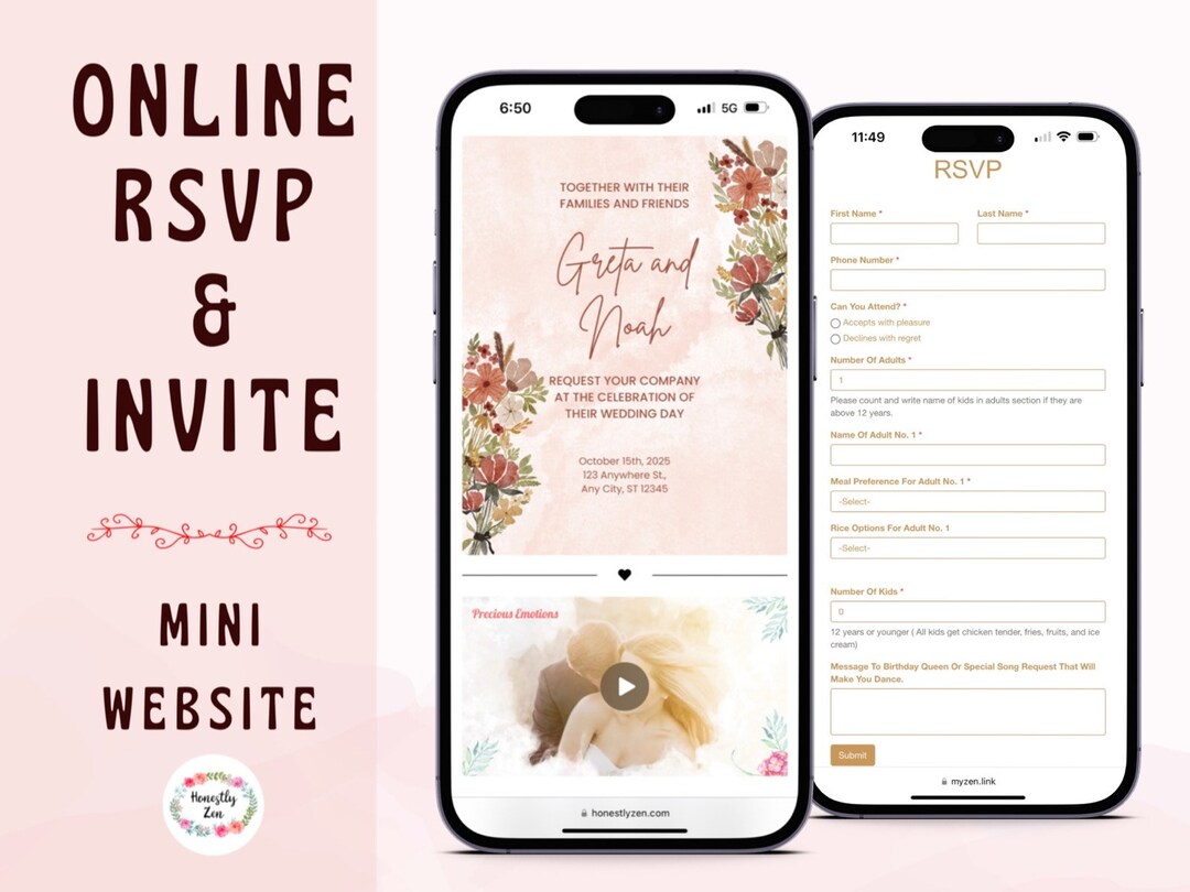 Online RSVP & Wedding Invitation, Personalized RSVP, Custom Digital
