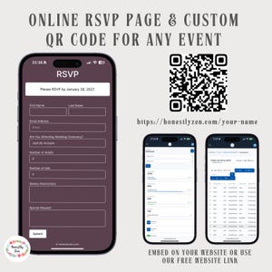 Page RSVP en ligne pour tout événement, RSVP pour mariage rustique, QR code pour carte RSVP, RSVP numérique, lien RSVP, carte RSVP électronique