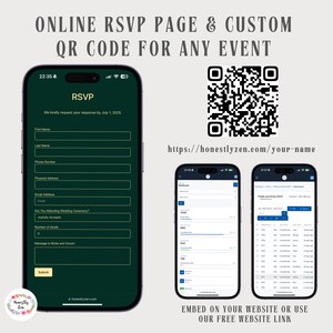Page de réponse en ligne pour tout événement en vert émeraude, RSVP en ligne pour mariage, code QR pour carte RSVP, suivi RSVP, RSVP numérique, lien RSVP pour mariage