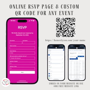 Page RSVP en ligne pour tout événement, RSVP avec code QR personnalisé élégant, carte RSVP QR, suivi RSVP, RSVP numérique, lien RSVP, carte RSVP électronique