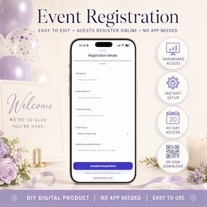 Pode incluir: Um smartphone exibe um formulário de registro de evento com campos para nome completo, e-mail, empresa e tipo de ingresso. A tela mostra o texto Event Registration, Easy to edit, Guests register online, No app needed e um botão de registro.