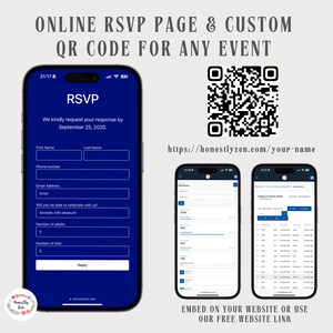 Page RSVP en ligne pour tout événement, Page RSVP bleu roi, Carte Rsvp avec code QR, Suivi Rsvp, Rsvp numérique, Lien Rsvp, Carte Rsvp électronique