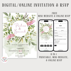 Convite de casamento digital e RSVP, site de casamento gratuito com RSVP online, convite online com moldura de eucalipto para impressão, modelo editável do Canva