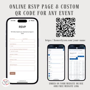 Page RSVP en ligne pour tout événement, RSVP par code QR minimaliste, QR rond pour carte RSVP, QR rond, RSVP numérique, lien RSVP, carte RSVP électronique