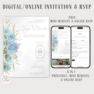Convite de casamento digital e RSVP, site de casamento gratuito com RSVP online, convite elegante floral azul empoeirado online, modelo editável do Canva