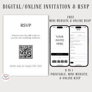 Digitale RSVP-trouwkaart, trouwwebsite met online RSVP-Qr, afdrukbare witte minimalistische kaart, RSVP-qr-formulier, RSVP-QR-code bruiloft