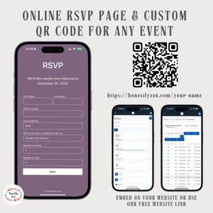 Page RSVP en ligne pour tout événement, RSVP par code Qr personnalisé violet, carte QR de mariage, suivi RSVP, RSVP numérique, lien RSVP, carte RSVP électronique