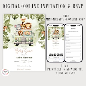 Conjunto de invitación para baby shower Digital Jungle Safari: tema verde, confirmación de asistencia, diseño personalizado, sitio web de invitación gratuito, confirmación de asistencia en línea