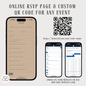 Page RSVP en ligne pour tout événement, RSVP pour plusieurs événements, QR code circulaire pour carte RSVP, QR rond, RSVP numérique, lien RSVP, carte RSVP brune
