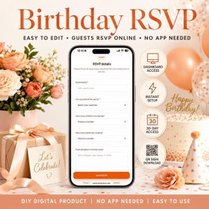 Editable Birthday RSVP Form with QR Code, Digital Invitation for Easy Guest Management