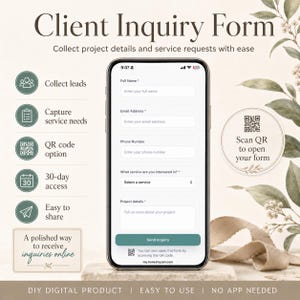 Puede incluir: Un teléfono inteligente que muestra un formulario de consulta de cliente con campos para nombre completo, correo electrónico, número de teléfono, selección de servicio y detalles del proyecto, incluyendo un botón de envío y código QR.