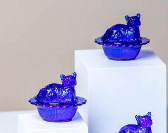 Cobalt Blue Lidded Cat Trinket Dish