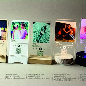Op de afbeelding: Een verzameling gepersonaliseerde foto-displays met muziekthema. De displays tonen een foto, songtitel, artiestennaam en een QR-code. De stands zijn gemaakt van hout, acryl en plastic, met LED-achtergrondverlichting.