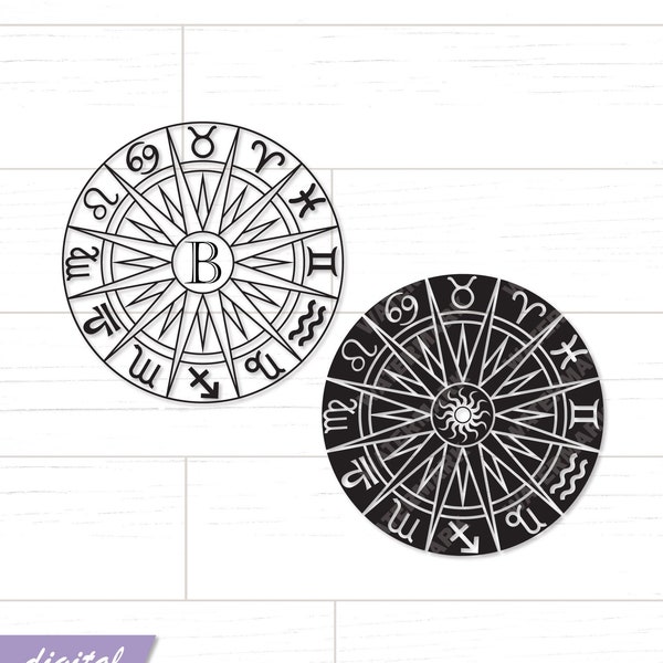 Zodiac Wheel SVG DXF | Astrology Signs, Zodiac Symbols, Compass, Monogram |  Paper cut template, Cricut, Printable, Silhouette projects
