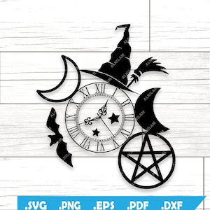 Witch Clock Time SVG DXF | Pagan Wiccan Witch | Szablon wycinanki, Cricut, Szablon, Do druku, Projekty sylwetkowe