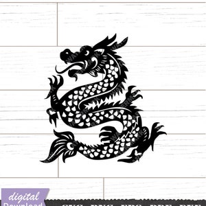 May include: Black and white silhouette of a Chinese dragon with intricate details. The dragon is curled up in a defensive position with its claws extended.