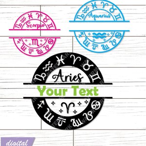 24 stjärnteckenssymboler med delade bokstäver, monogrampaket SVG DXF | Astrologiska tecken, hedniska | Pappersklippsmall, Cricut, utskrivbara, silhuettprojekt
