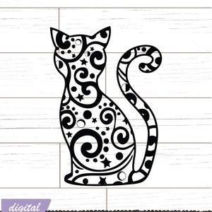 Celestial Cat SVG DXF | Schnörkel SchnörkelMuster, Halloween, Mond Hexe |  Papierschnittschablone, Cricut, Schablone, Druckbar, Silhouette Projekte