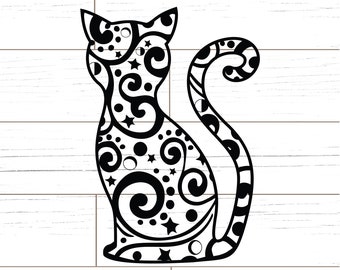 Celestial Cat SVG DXF | Swirl Flourish Pattern, Halloween, Moon Witch |  Paper cut template, Cricut, Stencil, Printable, Silhouette projects