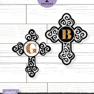 May include: Two Celtic cross monogram frames with intricate designs. The frames are black and feature a gold glitter letter "G" and "B" in the center.