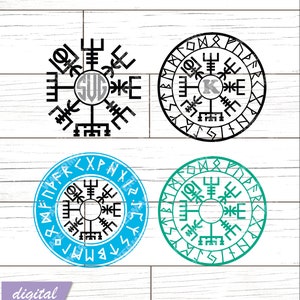 May include: Four versions of a black and white compass with runes around the outside. The compass is in the center of the circle. The first compass has the letters "SUG" in the center. The second compass has the letter "K" in the center. The third compass is blue with black runes. The fourth compass is green with black runes.