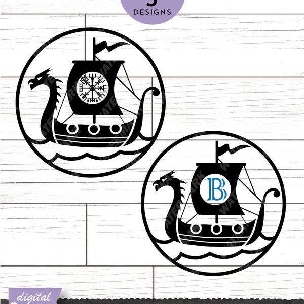 Viking Ship Monogram SVG DXF | Vegvisir, Norse, Icelandic, Long Ship | Paper cut template, Cricut, Printable, Silhouette projects