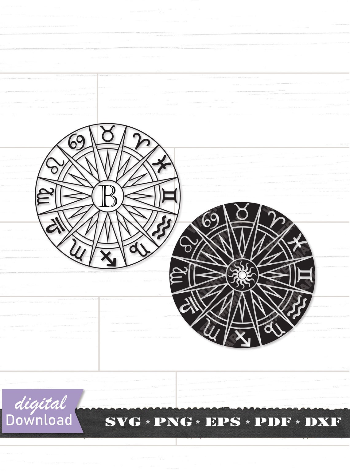 Zodiac Wheel SVG DXF Astrology Signs, Zodiac Symbols, Compass, Monogram Paper Cut Template ...