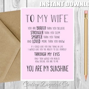 Carte d'anniversaire de femme, carte d'anniversaire de femme, vous êtes mon soleil, femme de carte d'amour, carte d'anniversaire imprimable, carte d'anniversaire romantique, un véritable amour