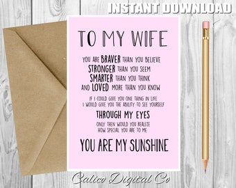 WIFE Birthday Card, Wife Anniversary Card,You Are My Sunshine,Love Card Wife,Printable Birthday Card,Romantic Birthday Card, One True Love