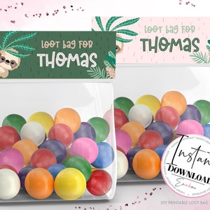 May include: Printable loot bag toppers featuring a sloth design with green leaves and a pink background. The text "Loot bag for Thomas" is printed on the topper.
