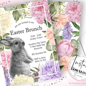 May include: Easter Brunch invitation featuring a watercolor illustration of a gray bunny and floral arrangements in pink, peach, and purple hues. The invitation includes event details and the text "Instant Download".