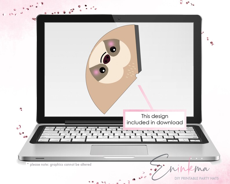 May include: A laptop screen shows a party hat design with a cartoon sloth. The sloth has a tan body, pink cheeks, and dark eyes. The text "This design included in download" is visible. The bottom right corner shows the text "Eninkma DIY Printable Party Hats".