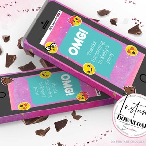 May include: Two chocolate bar wrappers designed to look like smartphones. The wrappers are pink and black with the text "OMG!" and "Thanks for coming to Keely's party." Emoji stickers and chocolate pieces are scattered around.
