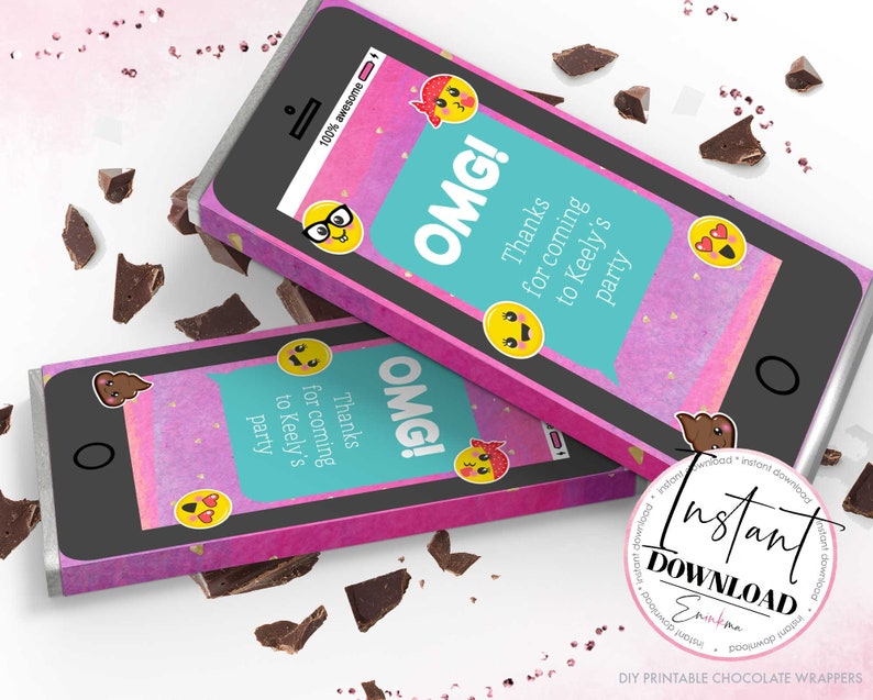 May include: Two chocolate bar wrappers designed to look like smartphones. The wrappers are pink and black with the text "OMG!" and "Thanks for coming to Keely's party." Emoji stickers and chocolate pieces are scattered around.