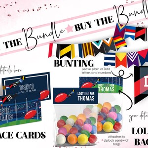 May include: A printable party bundle for a sports-themed birthday party. The bundle includes place cards, bunting, and lolly bags. The place cards feature a football field with the text "Teeth Lollies". The bunting is made of colorful flags with a sports theme. The lolly bags are clear plastic bags with a red and black sports-themed design. The text "Loot Bag for Thomas" is printed on the bags.