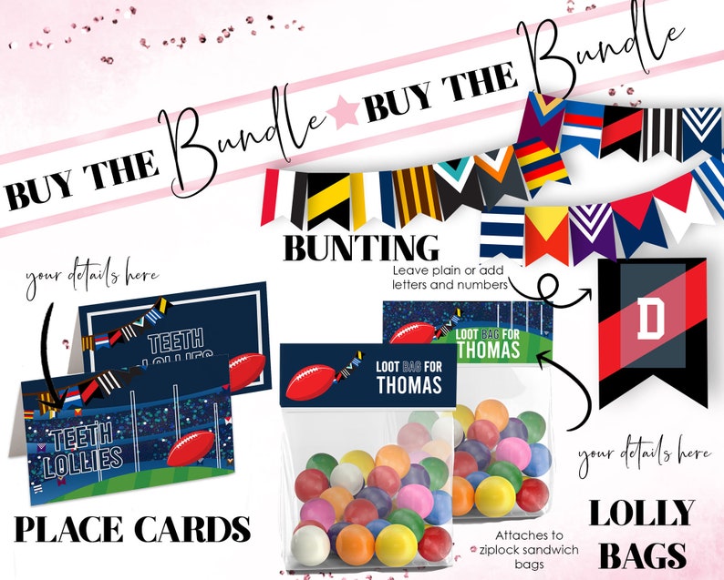 May include: A printable party bundle for a sports-themed birthday party. The bundle includes place cards, bunting, and lolly bags. The place cards feature a football field with the text "Teeth Lollies". The bunting is made of colorful flags with a sports theme. The lolly bags are clear plastic bags with a red and black sports-themed design. The text "Loot Bag for Thomas" is printed on the bags.