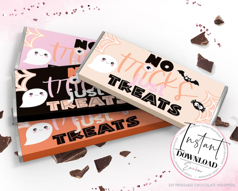 May include: Three Halloween chocolate bar wrappers in pink, black, and orange. Each wrapper features a ghost, spiderweb, and the text "No Tricks Just Treats." The wrappers are decorated with a bat and an owl. The words "Instant Download" are also visible.