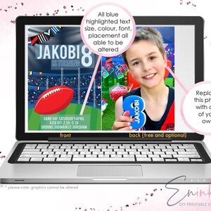 K&ouml;nnte beinhalten: Ein digitaler Entwurf einer druckbaren Einladung zu einer Geburtstagsparty zum Thema Fu&szlig;ball. Die Vorderseite der Einladung zeigt einen Comic-Fu&szlig;ball und den Text "JAKOBI IS TURNING 8". Die R&uuml;ckseite der Einladung zeigt ein Foto eines Jungen, der eine blaue Nummer 8 mit dem Text "JAKOBI" darauf h&auml;lt. Der Text "All blue highlighted text size, colour, font, placement all able to be altered" wird auf dem Bildschirm angezeigt. Der Text "Replace this photo with one of your own" wird auf dem Bildschirm angezeigt. Der Text "front" und "back (free and optional)" wird auf dem Bildschirm angezeigt. Der Text "please note: graphics cannot be altered" wird auf dem Bildschirm angezeigt. Der Text "Eninkma DIY PRINTABLE INVITATIONS" wird auf dem Bildschirm angezeigt.