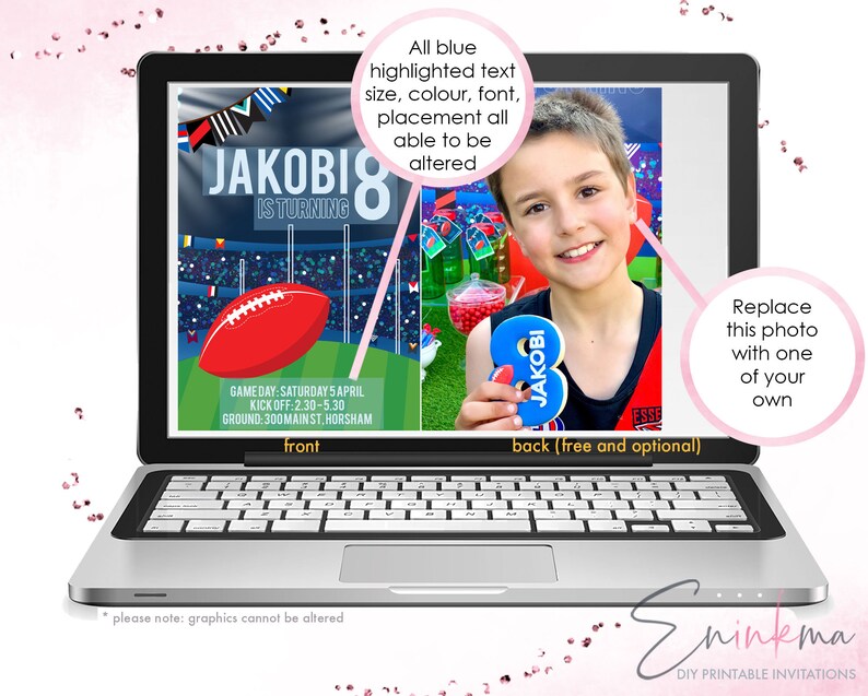 K&ouml;nnte beinhalten: Ein digitaler Entwurf einer druckbaren Einladung zu einer Geburtstagsparty zum Thema Fu&szlig;ball. Die Vorderseite der Einladung zeigt einen Comic-Fu&szlig;ball und den Text "JAKOBI IS TURNING 8". Die R&uuml;ckseite der Einladung zeigt ein Foto eines Jungen, der eine blaue Nummer 8 mit dem Text "JAKOBI" darauf h&auml;lt. Der Text "All blue highlighted text size, colour, font, placement all able to be altered" wird auf dem Bildschirm angezeigt. Der Text "Replace this photo with one of your own" wird auf dem Bildschirm angezeigt. Der Text "front" und "back (free and optional)" wird auf dem Bildschirm angezeigt. Der Text "please note: graphics cannot be altered" wird auf dem Bildschirm angezeigt. Der Text "Eninkma DIY PRINTABLE INVITATIONS" wird auf dem Bildschirm angezeigt.