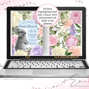 May include: A laptop displays a digital Easter Brunch invitation. The front features a watercolor illustration of a gray bunny and floral arrangements. The back has a floral pattern. Text includes event details and RSVP information.