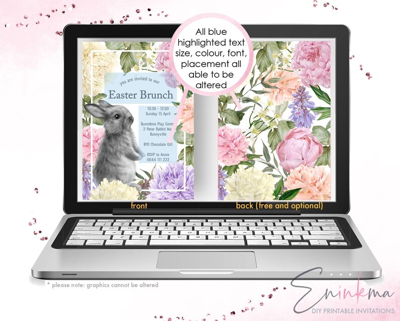 May include: A laptop displays a digital Easter Brunch invitation. The front features a watercolor illustration of a gray bunny and floral arrangements. The back has a floral pattern. Text includes event details and RSVP information.