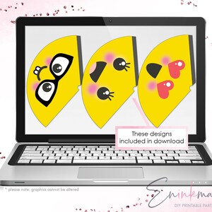 May include: A laptop screen displaying three yellow party hat designs with different facial expressions. The text "These designs included in download" is displayed on the screen. The laptop is closed and the text "Thinkma DIY Printable Party Hats" is displayed below the laptop.