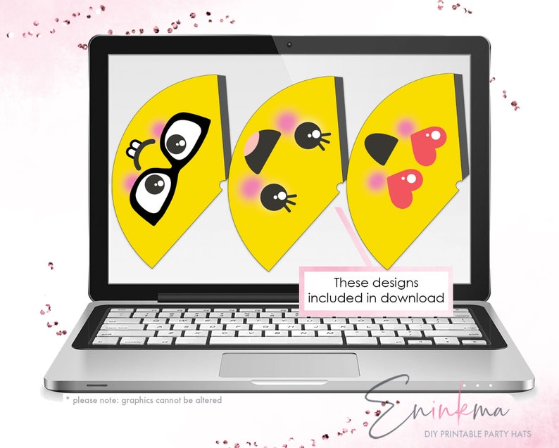 May include: A laptop screen displaying three yellow party hat designs with different facial expressions. The text "These designs included in download" is displayed on the screen. The laptop is closed and the text "Thinkma DIY Printable Party Hats" is displayed below the laptop.