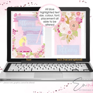 Puede incluir: Invitaci&oacute;n imprimible para una fiesta con tem&aacute;tica de hadas con un esquema de color rosa y blanco. El frente de la invitaci&oacute;n presenta una ilustraci&oacute;n caprichosa de un hada sentada en un hongo. La parte posterior de la invitaci&oacute;n tiene un dise&ntilde;o floral y el nombre "Tiffany".