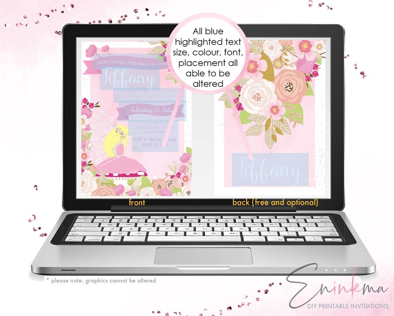 Puede incluir: Invitaci&oacute;n imprimible para una fiesta con tem&aacute;tica de hadas con un esquema de color rosa y blanco. El frente de la invitaci&oacute;n presenta una ilustraci&oacute;n caprichosa de un hada sentada en un hongo. La parte posterior de la invitaci&oacute;n tiene un dise&ntilde;o floral y el nombre "Tiffany".
