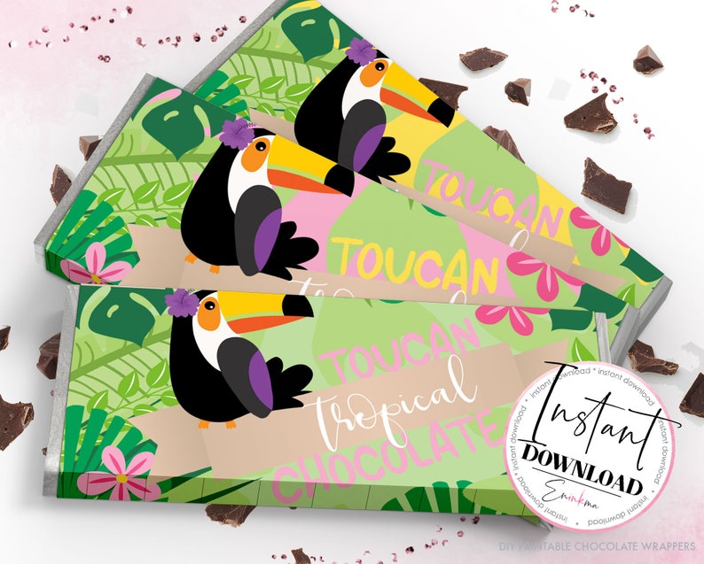 May include: Three printable chocolate bar wrappers with a tropical toucan design. The wrappers feature a toucan with a pink flower in its beak, green leaves, and pink flowers. The text on the wrappers reads "Toucan Tropical Chocolate".