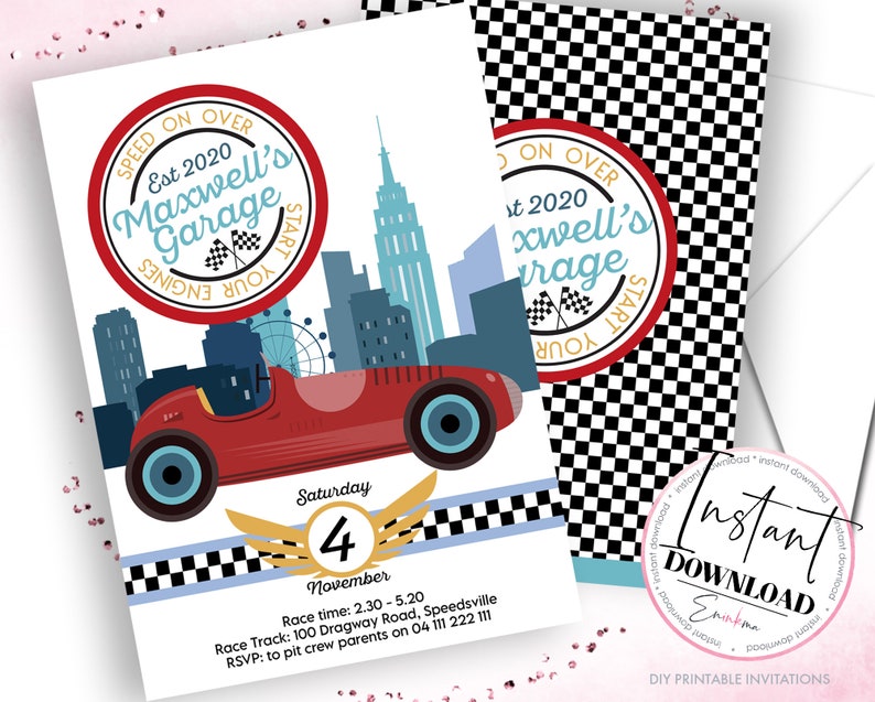 Race Car Invitations, Race Car party theme, Race Car printable invitation, vintage racing car invites image 1